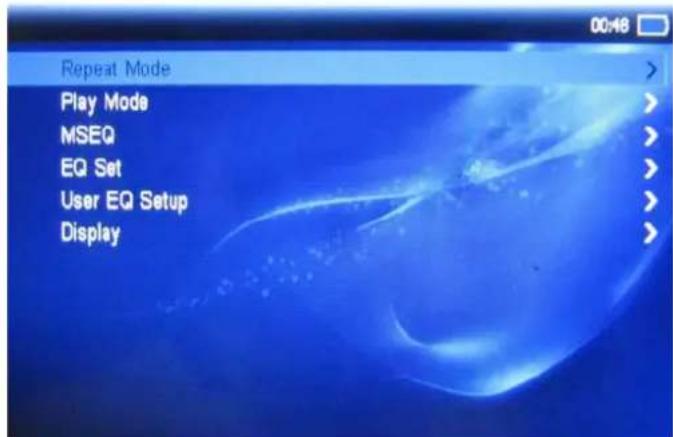 Repeat Mode Play Mode MSEQ EQ Set User EQ Setup Display