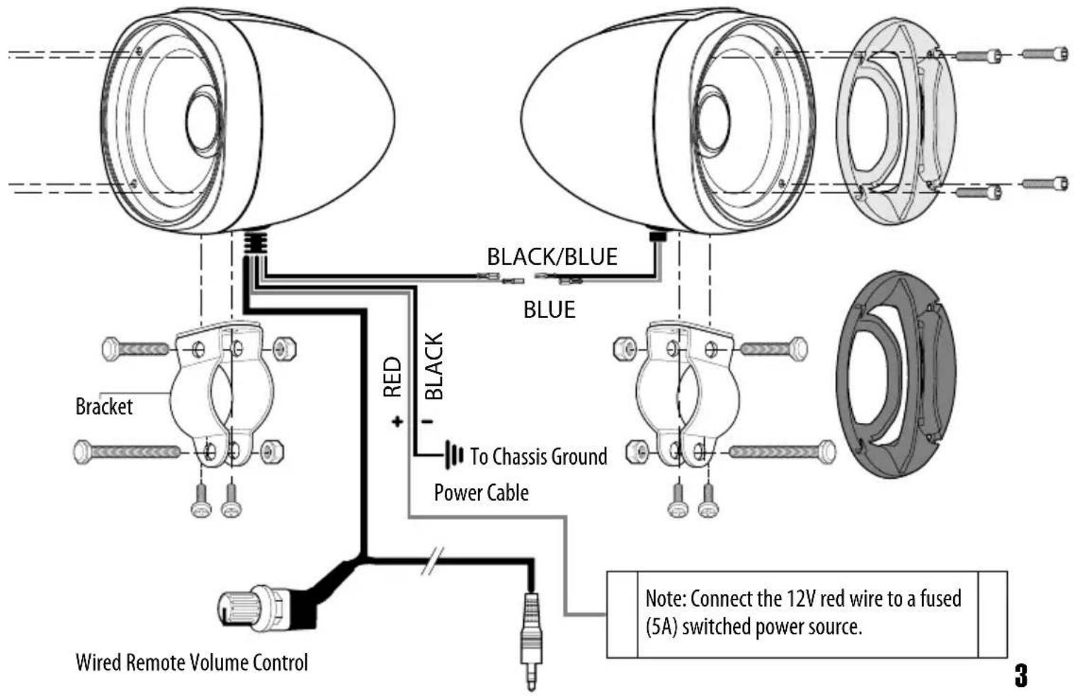 Black/BLUE BLUE BRACKET RED + BLACK To Chassis Ground Power Cable Wired Remote Volume Control Note: Connect the 12V red wire to a fused (5A) switched power source. 3