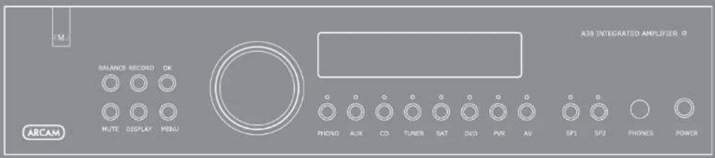 M BALANCE RECORD OK ROUTE DISPLAY MENU ARB INTEGRATED AMPLIFIER O PHONO AUX CD TUNER SAT DVD PWR AV EP1 SP2 PHONES POWER ARCAM