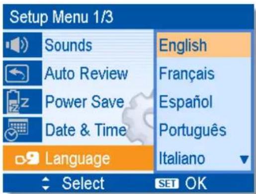 Setup Menu 1/3 Sounds English Auto Review Français Power Save Espanol Date & Time Português Language Italiano Select SET OK