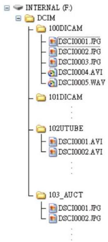INTERNAL (F:) DCIM 100DICAM DSCI0001.JPG DSCI0002.JPG DSCI0003.JPG DSCI0004.AVI DSCI0005.WAV 101DICAM ... 102UTUBE DSCI0001.AVI DSCI0002.AVI ... 103_AUCT DSCI0001.JPG DSCI0002.JPG