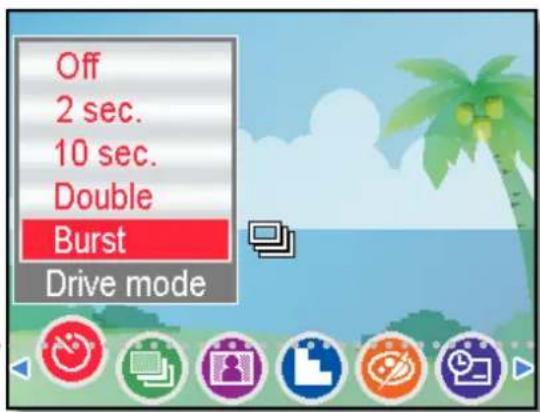 Off 2 sec. 10 sec. Double Burst Drive mode