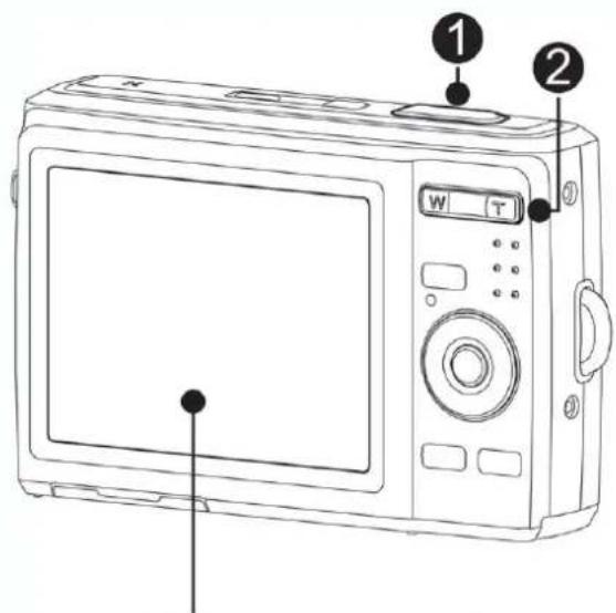 Line drawing of a digital camera with labeled buttons and screen, showing front panel and control panel.