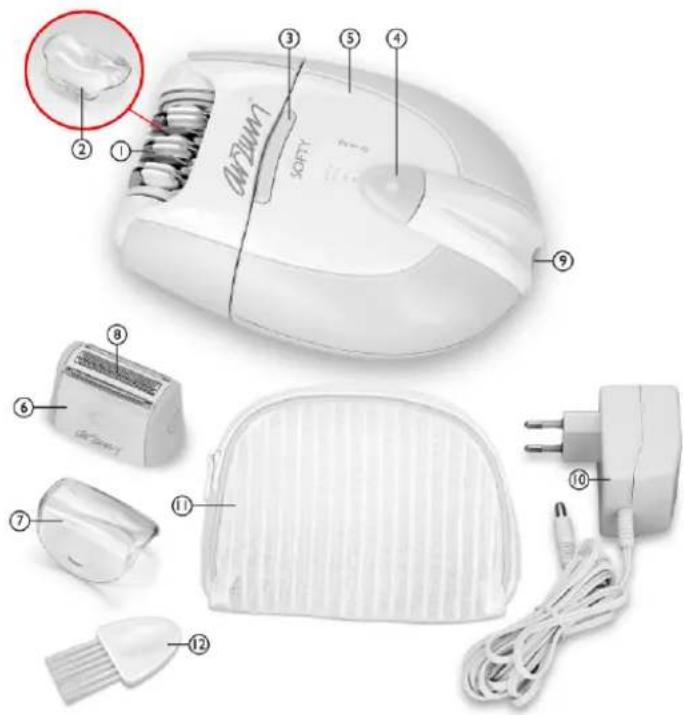 Labeled diagram of an electric shaver with numbered parts including rubber, power plug, and ear adapter