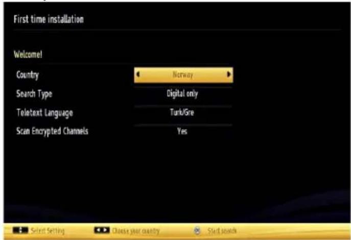 First time installation Welcome! Country Norway Search Type Digital only Teletext Language Turk/Gre Scan Encrypted Channels Yes Select Setting Choose your country Start searches
