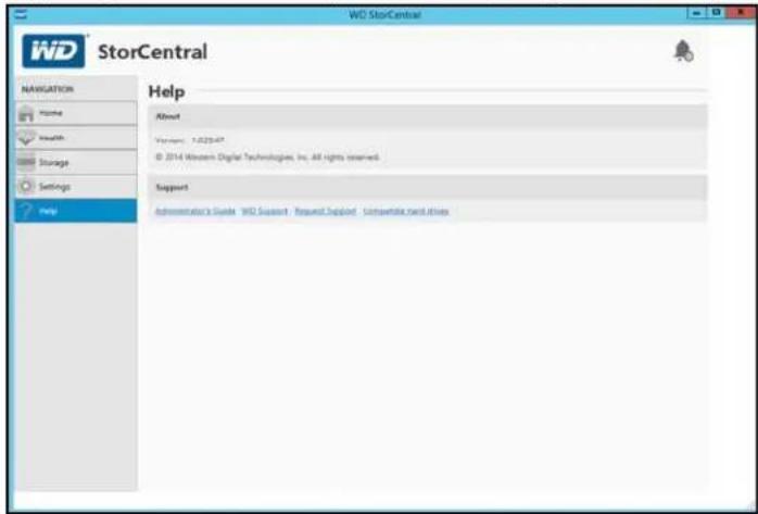WID StorCentral WID StorCentral Navigation Name Health Storage Settings Help Help About Version: 1.025-47 © 2014 Western Digital Technologies, Inc. All rights reserved. Support Administrator's Guide WID Support Request/Support Convertible card drives