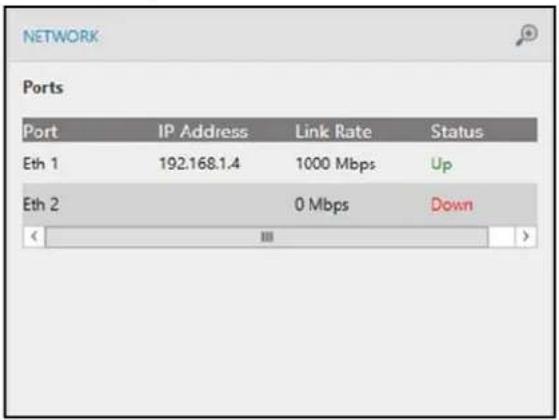 NETWORK Ports Port IP Address Link Rate Status Eth 1 192.168.1.4 1000 Mbps Up Eth 2 0 Mbps Down