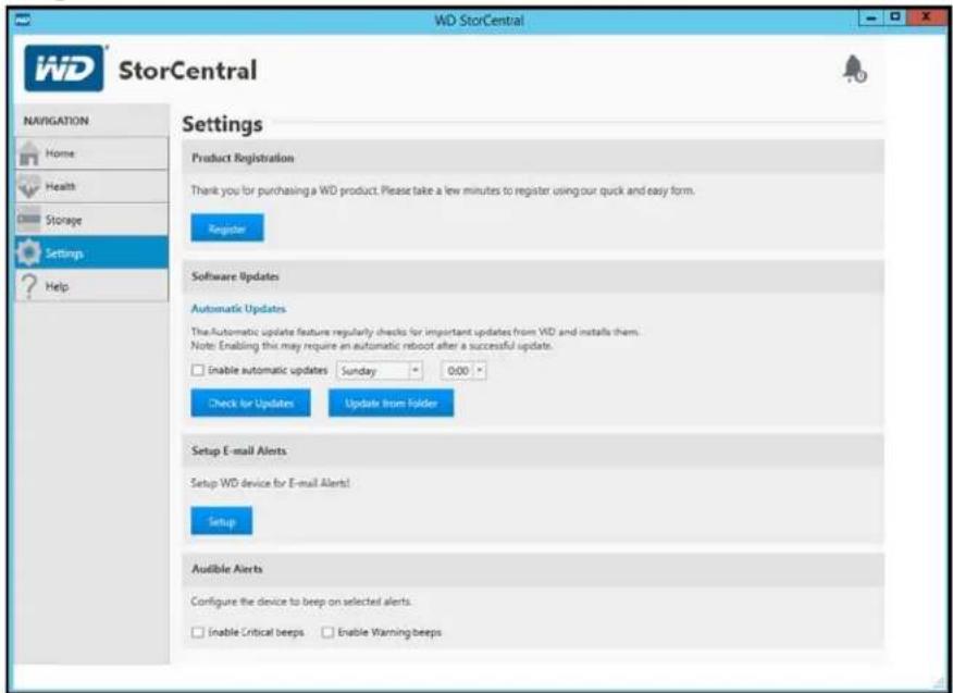WD StorCentral WD StorCentral NAVIGATION Home Health Storage Settings Help Settings Product Registration Thank you for purchasing a WD product. Please take a few minutes to register using our quick and easy form. Register Software Updates Automatic Updates The Automatic update feature regularly checks for important updates from WD and installs them. Note: Enabling this may require an automatic reboot after a successful update. Enable automatic updates Sunday 000 Check for Updates Update from Folder Setup E-mail Alerts Setup WD device for E-mail Alerts! Setup Audible Alerts Configure the device to beep on selected alerts. Enable Critical beeps Enable Warning beeps