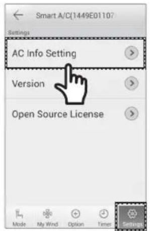 Smart A/C\1449E01107 Settings AC Info Setting Version Open Source License Made My Wind Option Timer Settings