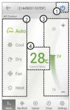 C(1449E01107DF) AC Control Auto Cool Dry Fan Heat 28°C Current Temp 24 30 16 Made My Wind Option Timer Settings