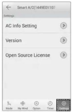 Smart A/C(1449E01107) Settings AC Info Setting Version Open Source License Mode My Wind Option Timer Settings