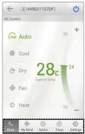 C(1449E01107DF) AC Control Auto 30 + Cool 28°C Current Temp 24 Fan 16 Heat - Mode My Wind Option Timer Settings