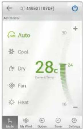 C(1449E01107DF) AC Control Auto 30 + Cool 28°C Current Temp 24 Dry Fan Heat 16 - Mode My Wind Option Timer Settings