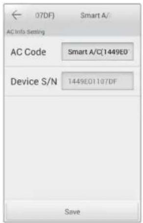 07DF) Smart A/ AC Info Setting AC Code Smart A/C(1449E0) Device S/N 1449E01107DF Save
