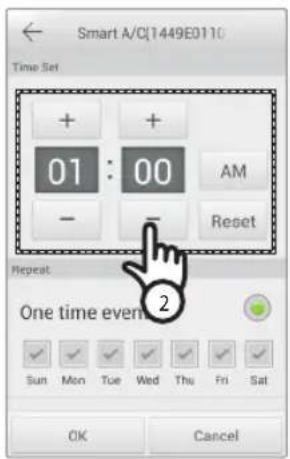 Smart A/C\1449E0110 Time Set + 01 : 00 AM - Reset Repeat One time even 2 Sun Mon Tue Wed Thu Fri Sat OK Cancel