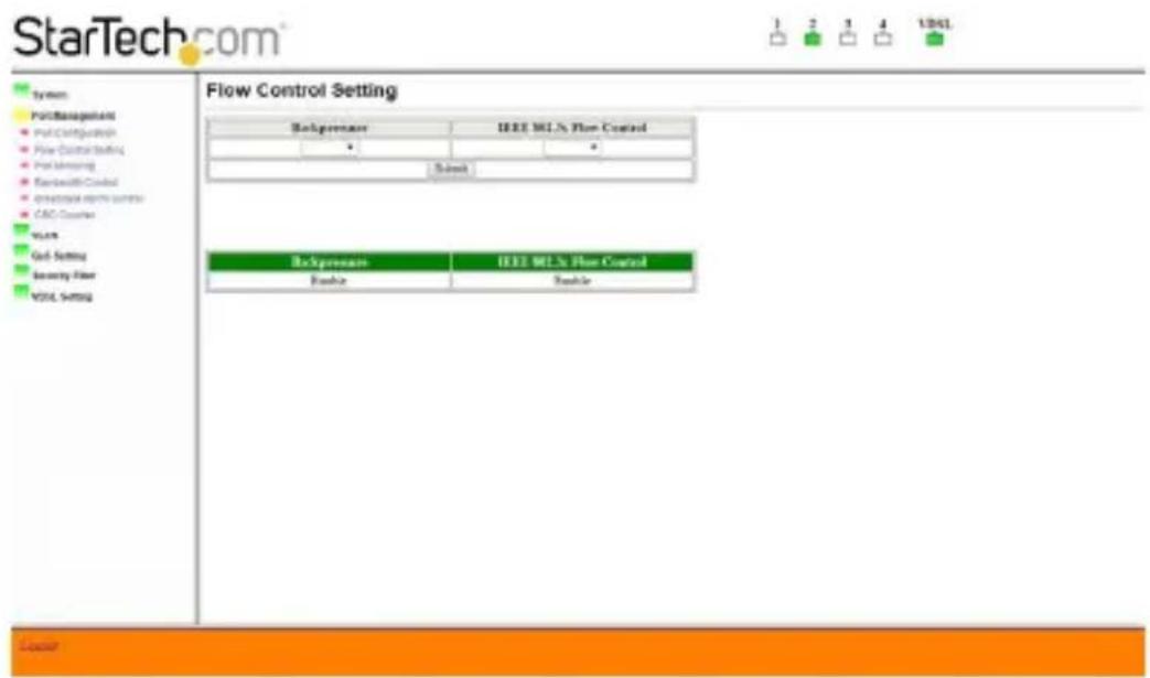 StarTech.com 1 2 3 4 1:041 System PortManagement Post Configuration Flow Control Setting Post Monitoring Bandwidth Control Analog/Analog Prime Control CAC Counter Web Grid Setting Security Filter VOLT Settings Flow Control Setting Backperform IEEE MCLs Flow Control • • Submit Backperform IEEE MCLs Flow Control Enable Enable Cluster