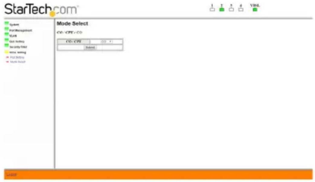 StarTech.com System For/Management Vias Out Setting Security Filter Next Setting Next Settings Mode Select CO / CPE / CO CO / CPE Submit Next