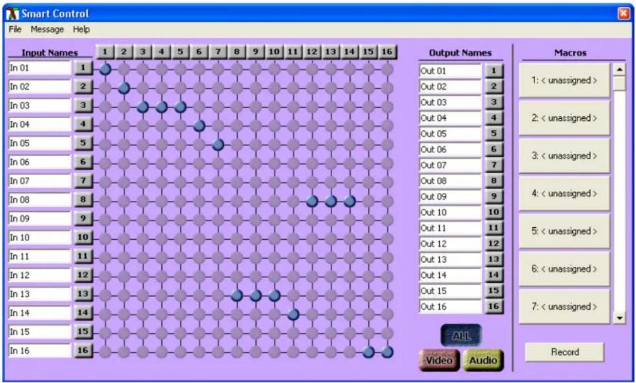 Smart Control File Message Help Input Names 1 2 3 4 5 6 7 8 9 10 11 12 13 14 15 16 In 01 1 In 02 2 In 03 3 In 04 4 In 05 5 In 06 6 In 07 7 In 08 8 In 09 9 In 10 10 In 11 11 In 12 12 In 13 13 In 14 14 In 15 15 In 16 16 Output Names Out 01 1 Out 02 2 Out 03 3 Out 04 4 Out 05 5 Out 06 6 Out 07 7 Out 08 8 Out 09 9 Out 10 10 Out 11 11 Out 12 12 Out 13 13 Out 14 14 Out 15 15 Out 16 16 Macros 1: < unassigned > 2: < unassigned > 3: < unassigned > 4: < unassigned > 5: < unassigned > 6: < unassigned > 7: < unassigned > Record ALL Video Audio