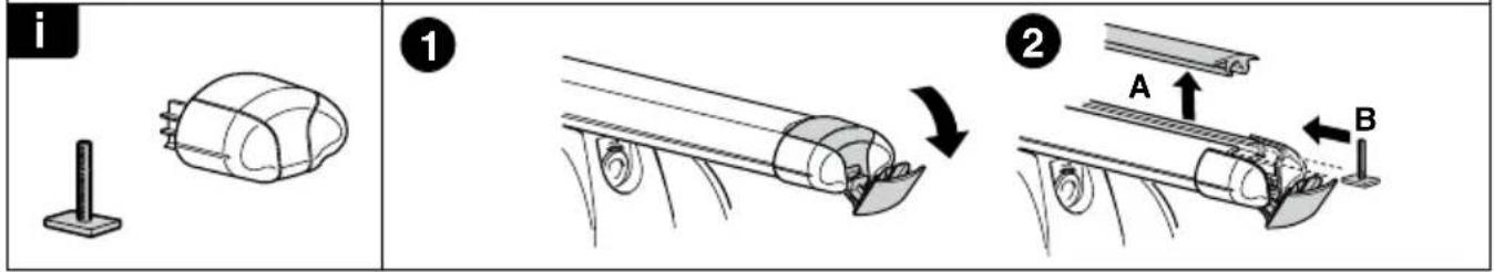 Technical diagram illustrating mechanical assembly steps with labeled components and directional arrows