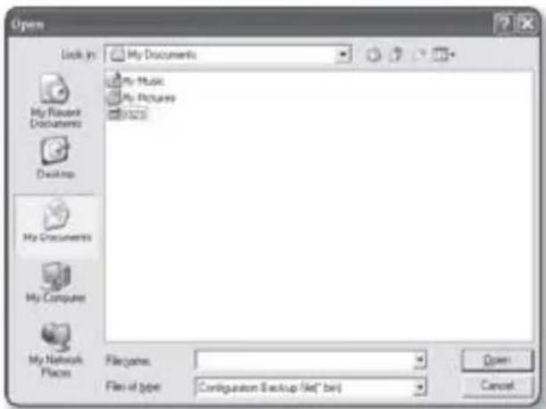 Open Look in: My Documents My Music My Pictures My Computer My Network Places File name: File of type: Configuration Backup (file" bin) Down Cancel