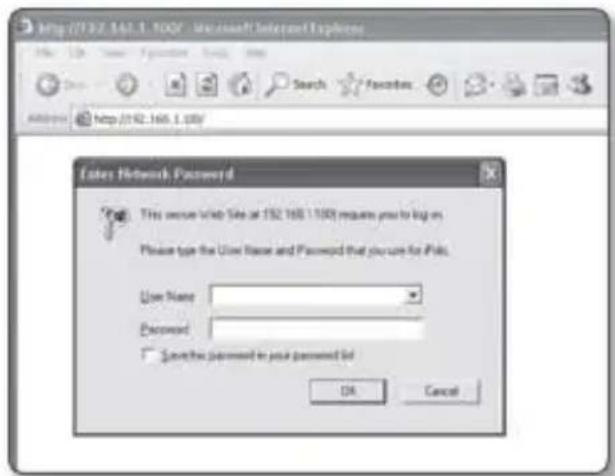 http://192.168.1.100/ Eates Network Password This secure Web Site at 192.168.1.100) requires you to log on Please type the User Name and Password that you use for Web. User Name: Password: Save this password in your password list OK Cancel