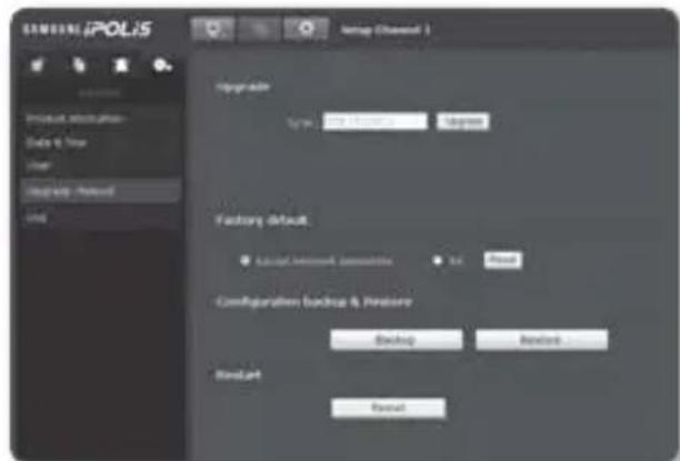 SAMSUNGIPOLIS Setup (Channel 1) Upgrade Type: 20000000000000000000000000000000000000000000000000000000000000000000000000000000000000000000 Factory default. ● Select network parameters ● No. 1 Reset Configuration backup & Preference Backup Balance ResetLeft Format