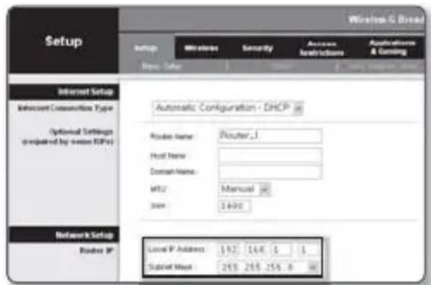 Setup Wireless & Broad Setup Wireless Security Access Instructions Australitions & Gaming New Setup New User New Account Internet Setup Intrinsic Connection Type Optional Settings required by user TCPs Automatic Configuration - DHCP Router Name: Router_1 Host Name: Domain Name: MPU: Manual Size: 3400 Network Setup Router IP Local IP Address: 192 168 5 1 Statistical Mean: 269 265 256 0