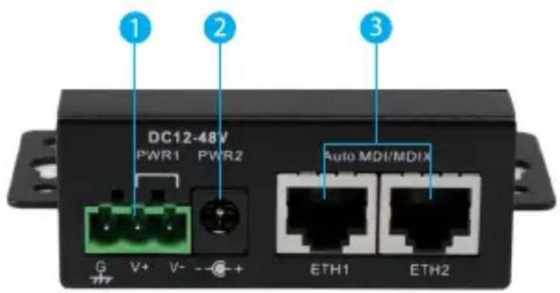 DC12-48V PWR1 PWR2 Auto MDI/MDIX G V+ V- -+ + ETH1 ETH2