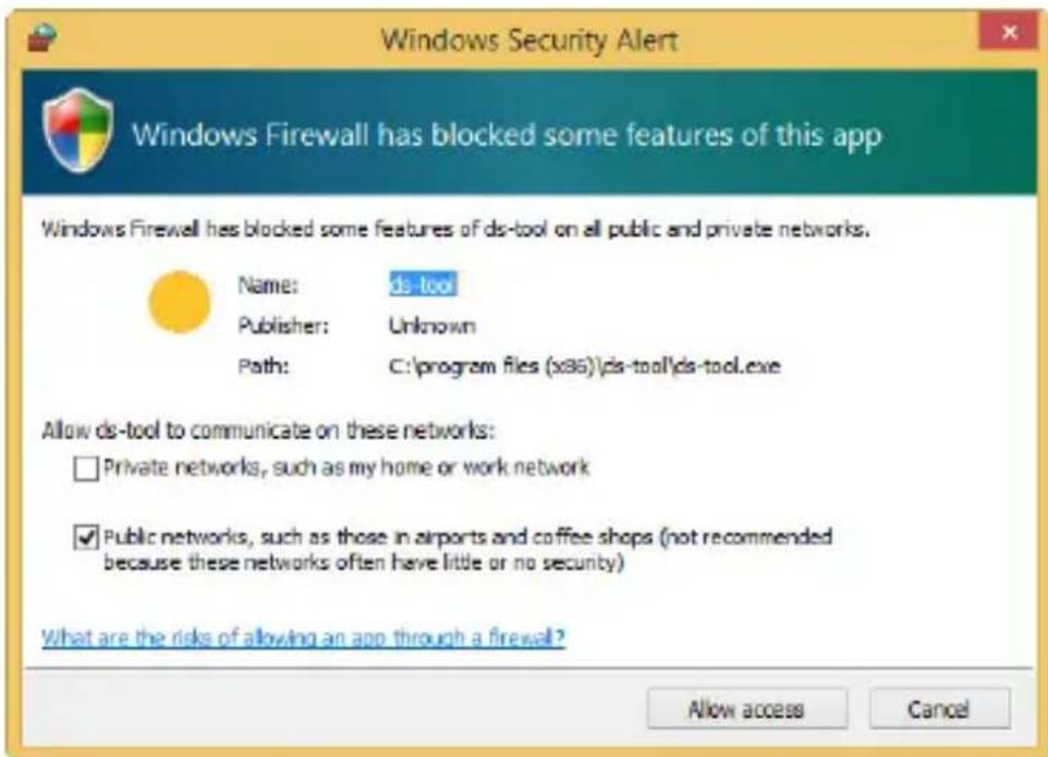 Windows Security Alert Windows Firewall has blocked some features of this app Windows Firewall has blocked some features of ds-tool on all public and private networks. Name: ds-tool Publisher: Unknown Path: C:\program files (x86)\ds-tool\ds-tool.exe Allow ds-tool to communicate on these networks: □ Private networks, such as my home or work network ☑ Public networks, such as those in airports and coffee shops (not recommended because these networks often have little or no security) What are the risks of allowing an app through a firewall? Allow access Cancel