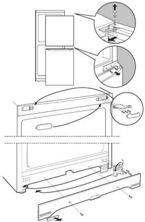 Technical diagram illustrating the assembly of a refrigerator with labeled components and directional arrows indicating assembly steps.