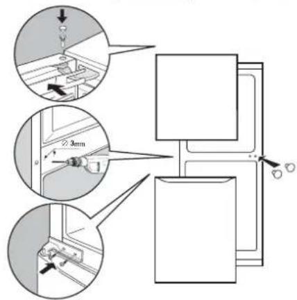 Technical diagram showing three views of a mechanical assembly with labeled components and directional arrows indicating motion or movement.