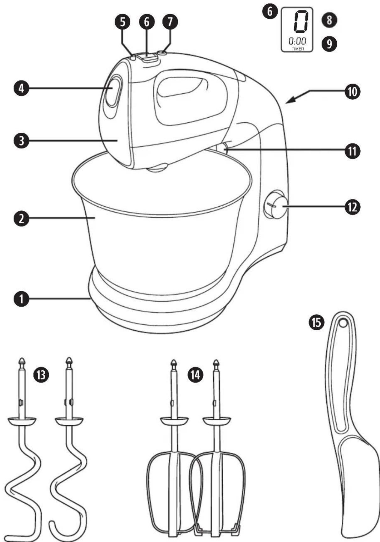 Technical diagram of a blender with numbered parts and labeled parts including a timer, brush, and stand.