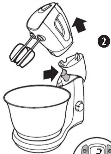 Diagram showing a hand mixer blending liquid into a bowl, with directional arrows indicating process flow.