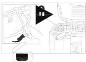 Diagram showing car interior with hand pressing down on seatbelt, highlighting key components like a lock and seatbelt icon