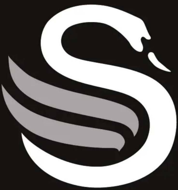 Stylized white and gray swan logo design on black background (no text or symbols)