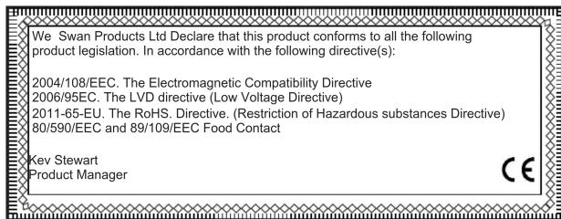 We Swan Products Ltd Declare that this product conforms to all the following product legislation. In accordance with the following directive(s): 2004/108/EEC. The Electromagnetic Compatibility Directive 2006/95EC. The LVD directive (Low Voltage Directive) 2011-65-EU. The RoHS. Directive. (Restrictio…