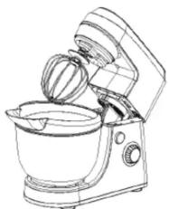 Line drawing of a kitchen mixer with mixing bowl and stand mixer (no text or symbols)