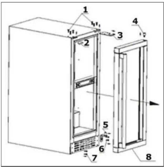 Technical diagram of an refrigerator with numbered components for identification