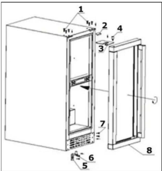 Technical diagram of an refrigerator with numbered parts for identification and assembly reference