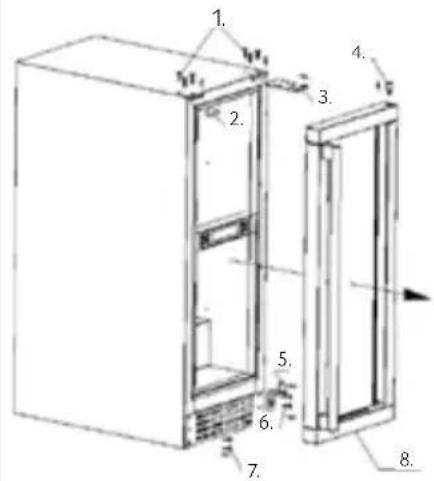 Technical diagram of an refrigerator with numbered components for identification