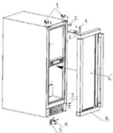 Technical diagram of an refrigerator with numbered components for identification