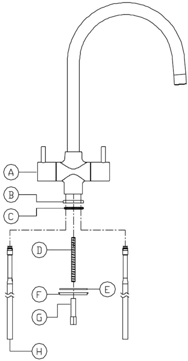 Technical diagram of a laboratory apparatus with labeled components A through H, including a curved pipe and tubing.