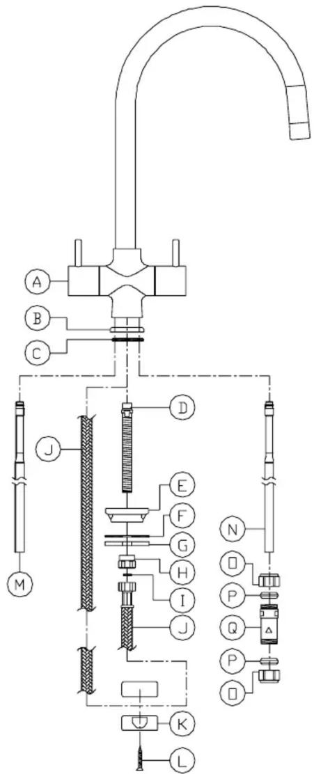Technical diagram of a laboratory apparatus with labeled components and piping connections