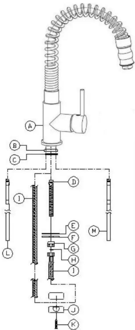 Technical diagram of a kitchen sink with labeled components and piping layout