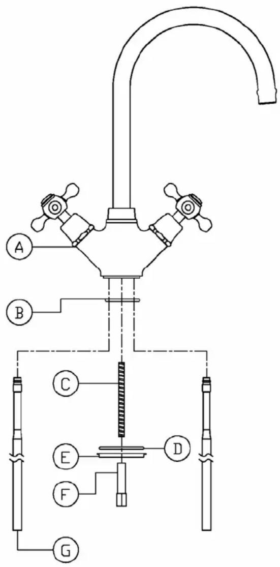 Technical diagram of a laboratory apparatus with labeled components A through G, including a curved pipe and tubing.
