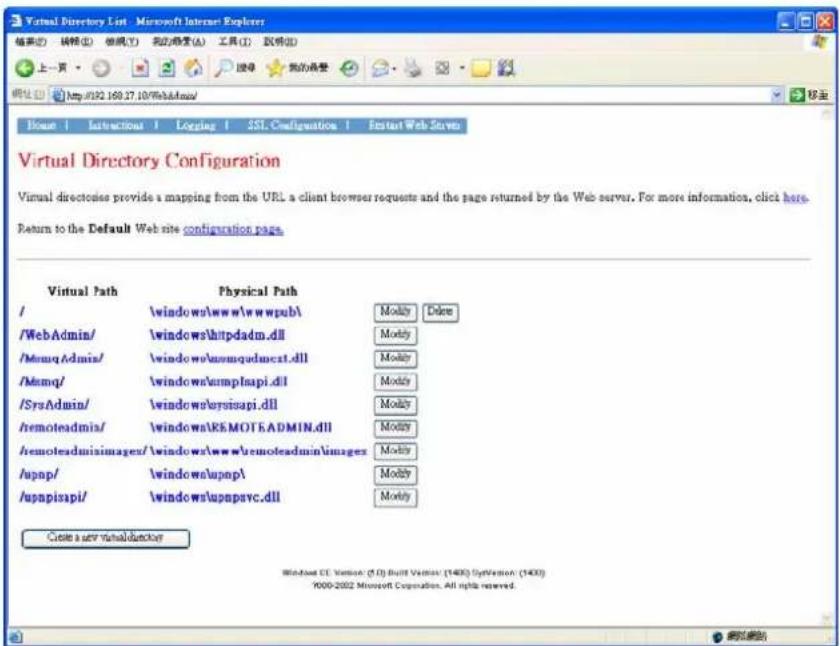 Virtual Directory List - Microsoft Internet Explorer 结果(E) 简体(T) 视频(V) 我的设置(A) 工具(T) 软件(O) 上一页 帮助 主页 搜索 历史 刷新 主页 搜索 http://192.169.27.10/WebAdmin/ Home | Instructions | Copying | SSL Configuration | Default Web Server Virtual Directory Configuration Virtual directories provide a mapping from the URL a client browser requests and the page returned by the Web server. For more information, click here. Return to the Default Web site configuration page. Virtual Path Physical Path / \windows\www\wwwpub\ Modify Detect /WebAdmin/ \windows\httpdadm.dll Modify /Memq Admin/ \windows\newquadunct.dll Modify /Memq/ \windows\ampisapi.dll Modify /SysAdmin/ \windows\aysisapi.dll Modify /remoteadmin/ \windows\REMOTEADMIN.dll Modify /remoteadminimages/\\windows\www\remoteadmin\\images Modify /upnp/ \windows\upnpv Modify /upnpisapi/ \windows\upnpsvc.dll Modify Create a new virtual directory Windows CE Version (5.0) Built Version (1400) System (1400) 9000-2002 Microsoft Corporation. All rights reserved.