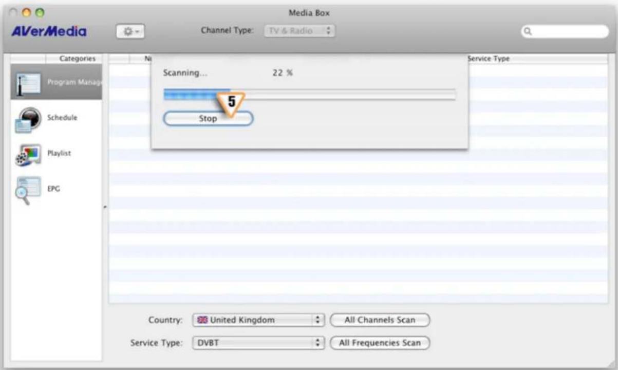 Media Box AVerMedia Channel Type: TV & Radio Categories Ni Scanning... 22 % Service Type Schedule Playlist EPG 5 Stop Country: United Kingdom All Channels Scan Service Type: DVBT All Frequencies Scan