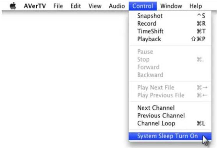 AVerTV File Edit View Audio Control Window Help Snapshot ^S Record %R TimeShift %T Playback ↑ %P Pause Stop %. Forward Backward Play Next File %→ Play Previous File %← Next Channel Previous Channel Channel Loop %L System Sleep Turn On