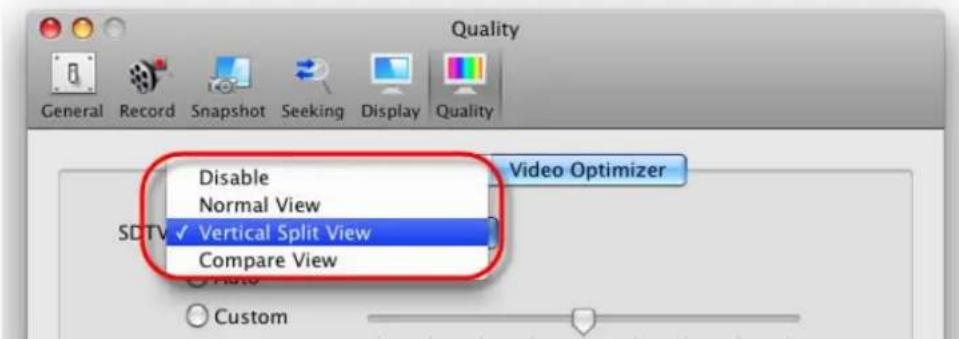 Quality General Record Snapshot Seeking Display Quality Disable Normal View Vertical Split View Compare View Video Optimizer SDTV Custom