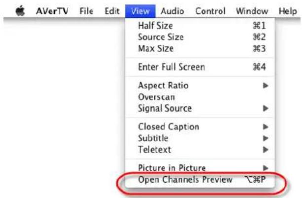AVerTV File Edit View Audio Control Window Help Half Size ¥1 Source Size ¥2 Max Size ¥3 Enter Full Screen ¥4 Aspect Ratio ▶ Overscan Signal Source ▶ Closed Caption ▶ Subtitle ▶ Teletext ▶ Picture in Picture ▶ Open Channels Preview ⌘P